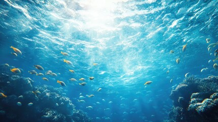An expansive ocean life background with schools of fish swimming through a clear blue sea, ideal for showcasing marine environments with ample copy space.