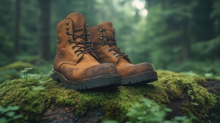 rustic hiking still life weathered leather boots perched on mossy log dappled forest light earthy tones evoke outdoor adventure and exploration