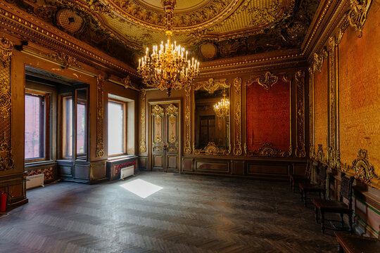 Large decorated baroque hall at old Brusnitsyns' mansion in St. Petersburg, Russia, May 12, 2024