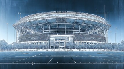 Blueprint of sports stadium with seating arrangements field dimensions and technical specs