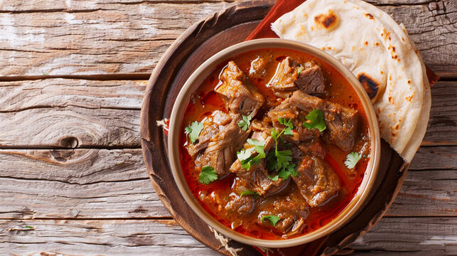 Mutton curry with roti top view, spice non veg goat curry 