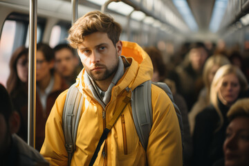 Fototapeta premium People commuting on a packed train. Concept of daily life and routine. Generative Ai.