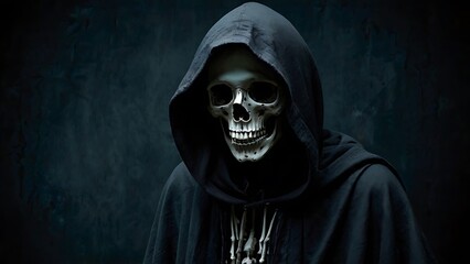 Scary portrait of horrifying Reaper with skeleton face, spooky dark black model and black hood, halloween and death related	