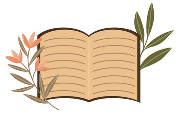 Vector Illustration of an open book with lined pages, adorned with delicate flowers and leaves. Perfect for journal-themed designs, stationery, or educational materials. Warm, earthy tones.