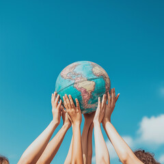 Group of a people holding a globe with the sky in background