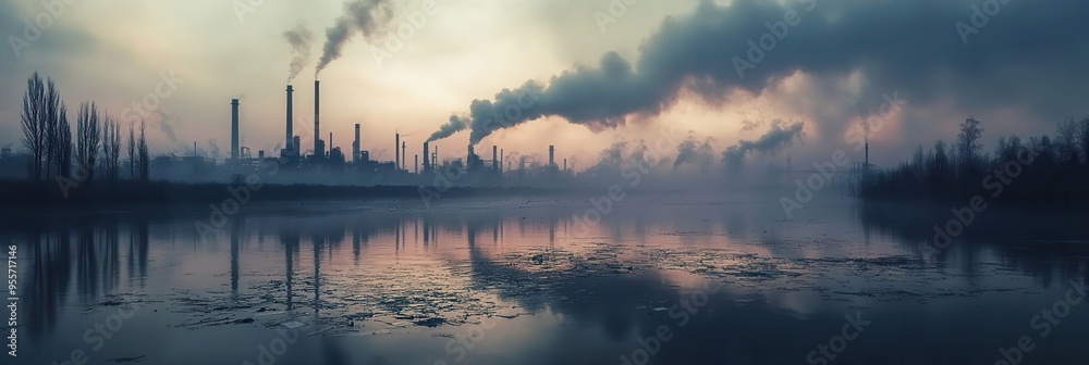 Poster a dense layer of smog covers a city skyline, silhouetting factories while a river struggles against 