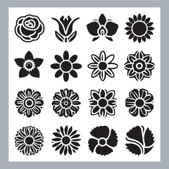 Set of logotype icons flowers Rose, Tulip, Orchid, Sunflower, Lily, Daisy, Daffodil, Jasmine, Lavender, Marigold, Peony, Chrysanthemum, Hibiscus, Poppy, Violet silhouettes in white background