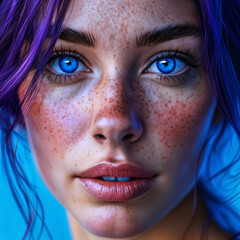 Fototapeta premium A close-up of a woman with striking blue eyes and freckles on her face, set against a blue background.