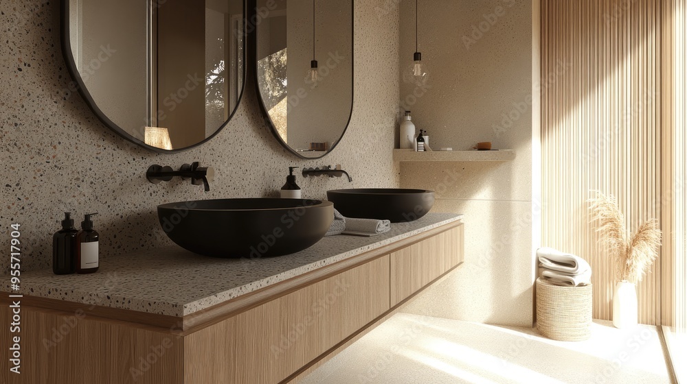 Wall mural a modern ensuite bathroom with a wall-mounted timber vanity, black sink, and pill-shaped mirrors, ex