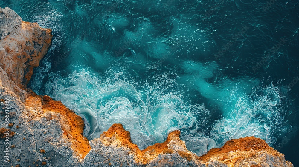 Canvas Prints Aerial View of Turquoise Ocean Waves Crashing Against Cliffs