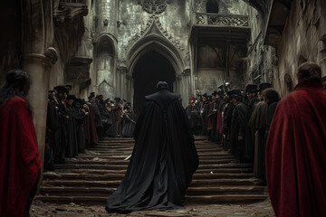 Naklejka premium An eerie gathering in a haunted castle creates a stark contrast between darkness and intrigue at dusk