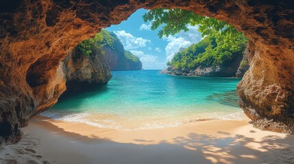 secluded beach cove hidden by towering cliffs untouched golden sand meets crystalclear turquoise waters lush tropical vegetation frames the scene dreamy paradiselike atmosphere