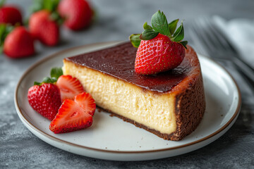 Indulge in a slice of delicious Basque burnt cheesecake topped with fresh strawberries, perfect for a delightful dessert moment