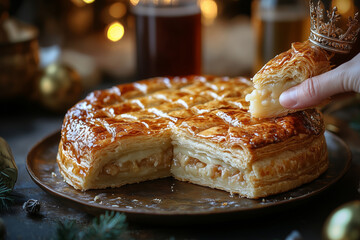 Delightfully golden galette des rois served during an enchanting winter gathering in France, celebrating tradition and flavors with family