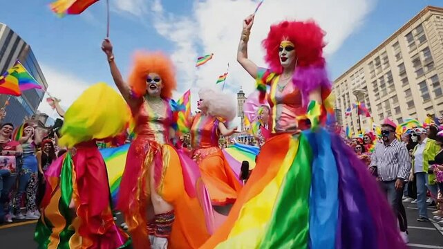 Drag queens dancing on a street 