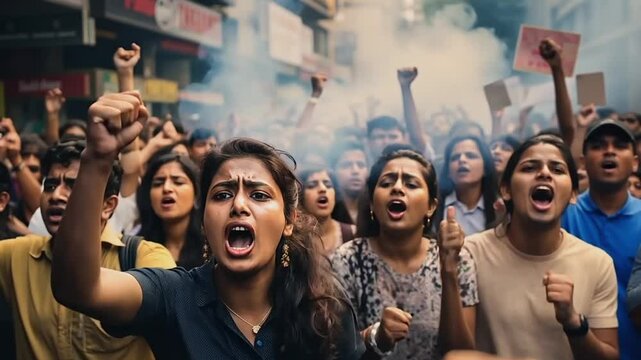 Crowd of Indian people protesting on a street