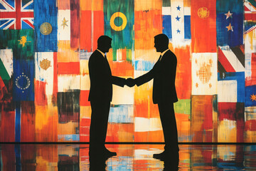 Silhouettes of two businessmen shaking hands in front of international flags symbolizing global partnership, diplomacy, and international cooperation