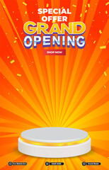 special offer grand opening sale discount portait template banner with blank space 3d podium for social media post product sale with abstract gradient orange background design69