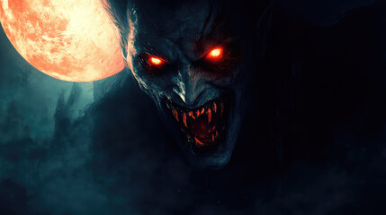 A terrifying image of a vampire's pale face bathed in the eerie light of a blood moon, with glowing red eyes and sharp fangs.