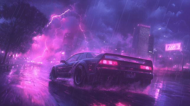 Cool rainy synthwave background with super car in a painting style.