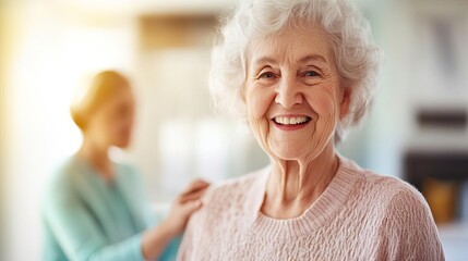 Senior woman being assisted with her daily activities, supportive and nurturing, bright setting