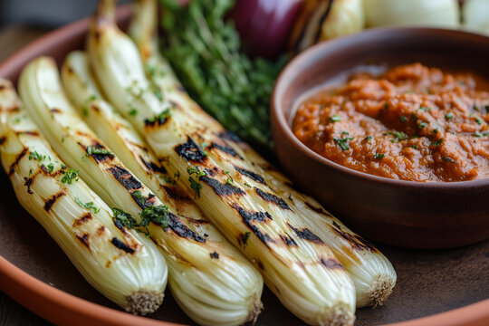 Deliciously charred calcots with savory sauce and grilled vegetables on a rustic plate