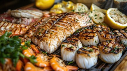 A mouth-watering Norwegian seafood spread, with juicy grilled fish, shrimp, and scallops, served with lemon and herbs.