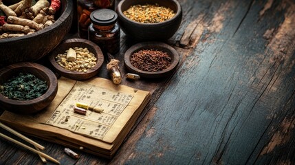banner design with traditional chinese medicine herbs and acupuncture tools on a dark wooden table, promoting alternative medicine concept