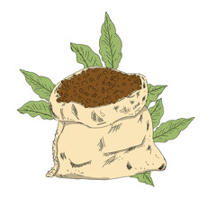 Open jute bag with coffee beans with coffee plant leaves digital composition color illustration for coffee house for printing and web: logo, business card, poster, postcard, placard, flyer