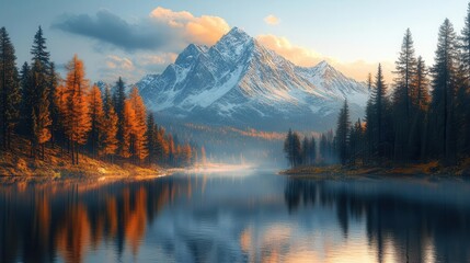 serene mountain lake reflecting snowcapped peaks like mirror pristine wilderness golden sunlight filtering through pine trees creating atmosphere of untouched natural beauty