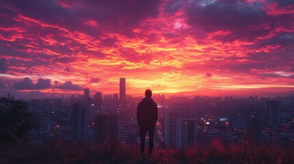 Fototapeta premium silhouetted figure contemplates urban skyline at sunset dramatic orange and purple hues paint sky creating powerful contrast with darkened cityscape