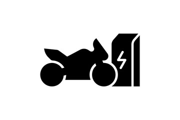 Electric sportbike charging in charger station icon. Electrical motorcycle energy charge black symbol. Eco friendly electro motorbike recharge sign. Battery green powered EV transportation eps logo