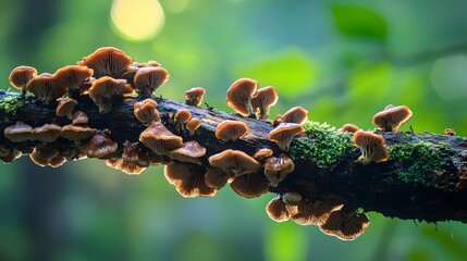 Nature brown mushrooms on dead branch in rainy season