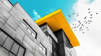 Modern architecture features a striking yellow roof under a bright blue sky, with flying birds in the background during the day
