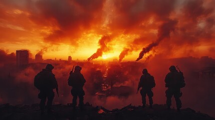Fototapeta premium silhouetted soldiers in combat stance against apocalyptic sky ruins of city in background dramatic lighting and smoke creating tense atmosphere