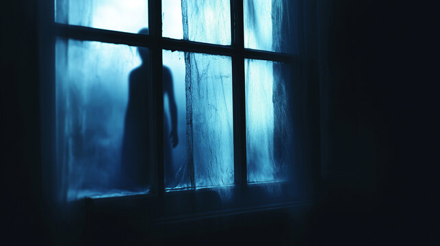 Nocna scena z rozmytym kształtem ducha widocznym w oknie sypialni. Tajemnicza sylwetka wprowadza atmosferę grozy, potęgując napięcie i niepok&oacute;j, doskonałe na Halloween.