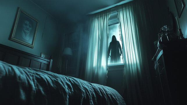 Nocna scena z rozmytym kształtem ducha widocznym w oknie sypialni. Tajemnicza sylwetka wprowadza atmosferę grozy, potęgując napięcie i niepok&oacute;j, doskonałe na Halloween.