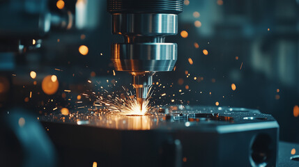 Wsp&oacute;łczesna maszyna CNC do frezowania metali, wykonująca precyzyjne cięcia. Mała głębia ostrości podkreśla nowoczesność i technologiczną zaawansowanie procesu.