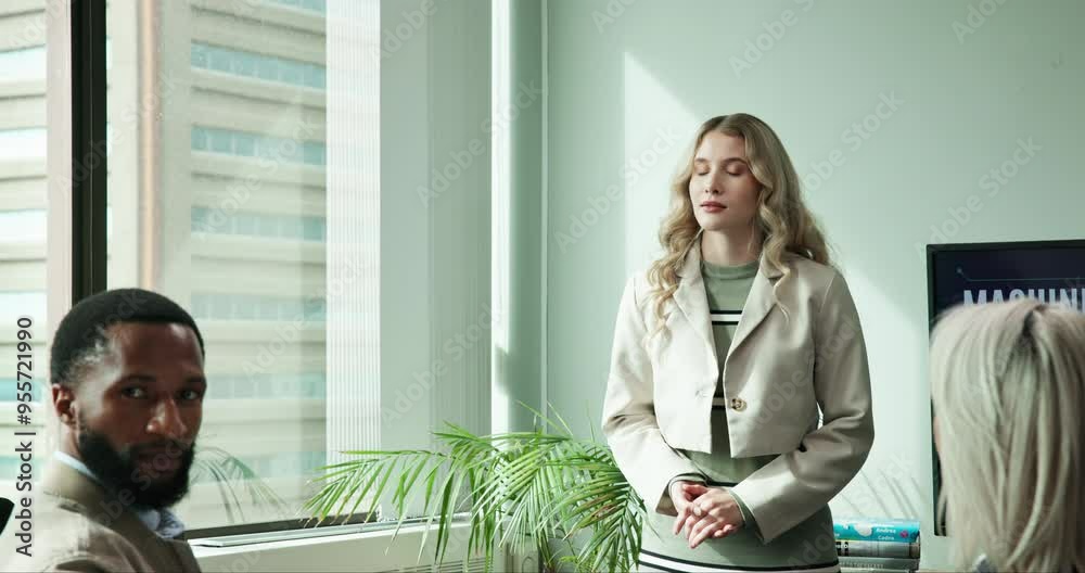 Wall mural Woman, presentation and meeting for team talking in office, support and employee engagement. Female person, boardroom screen and explain innovation in machine learning, speaker and training workshop