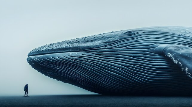 Lone Figure Dwarfed by Colossal Whale in Vast Moody Ocean