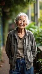 Cheerful elderly Asian woman with white hair smiles warmly in a lush garden setting.