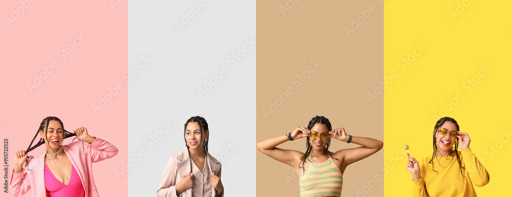 Sticker set of stylish young african-american woman on color background