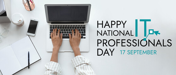Young woman working with laptop at home office, top view