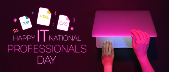 Woman working with modern laptop on black background