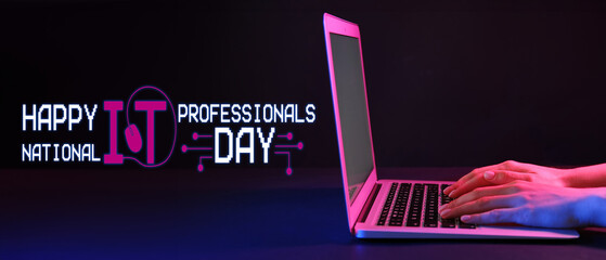 Woman working with modern laptop on black background