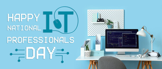 Programmer's workplace with computer and devices in office