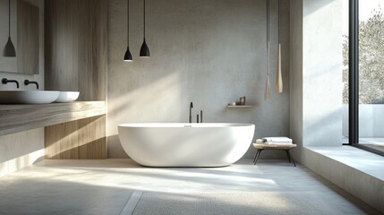 A stylish bathroom with a minimalistic approach, featuring a white bathtub, uncluttered surfaces, and natural light.