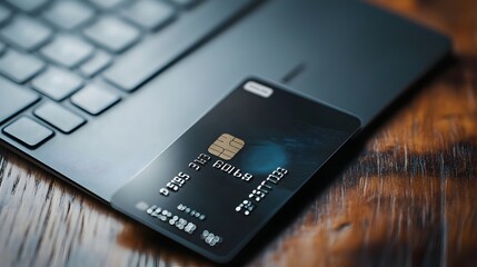 Closeup view of a black credit card with chip on laptop keyboard