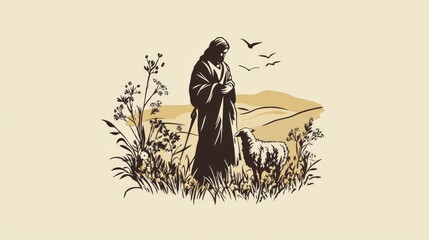 Logo of Jesus as a shepherd who takes care of his sheep and rescues a lost sheep in the field. Concept of care, faith, Christianity and religion