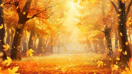 Fototapeta premium Stunning autumn scene featuring golden trees and vibrant foliage in a sunlit park setting